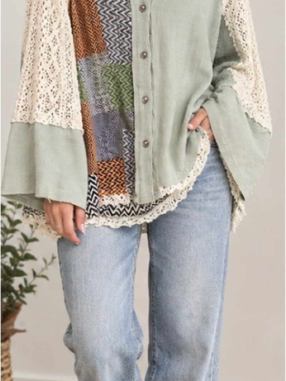 POL Sage Green Patchwork Crochet Lace Button Up Top Boho